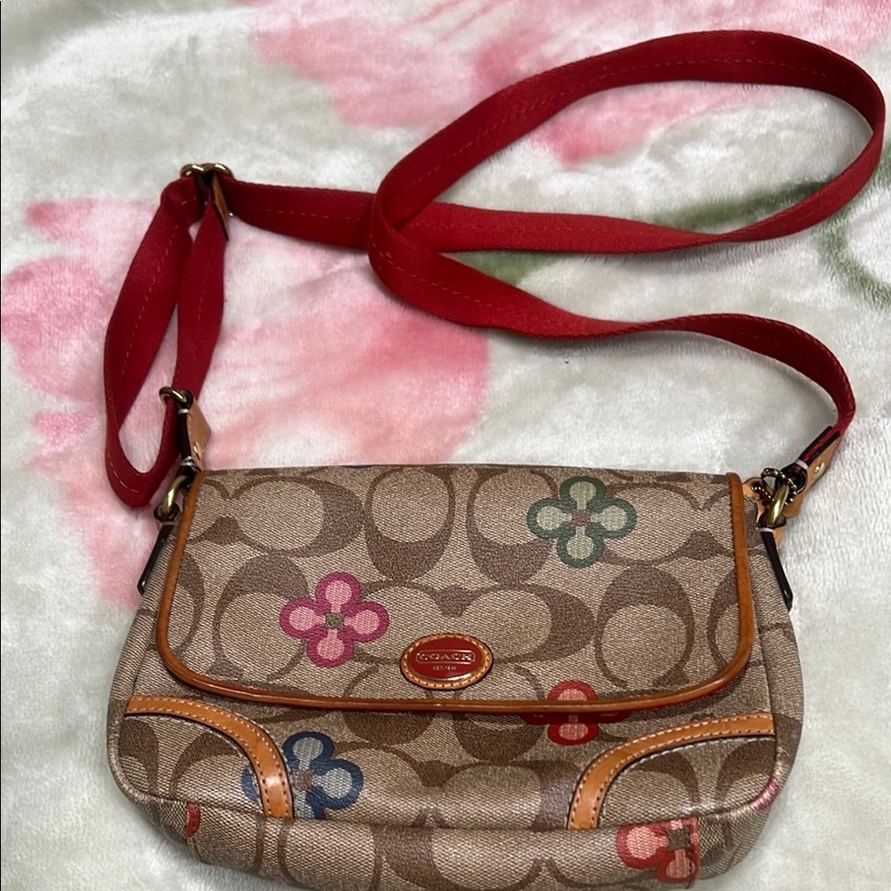 Coach Brown and Red Crossbody Bag with Signature Monogram